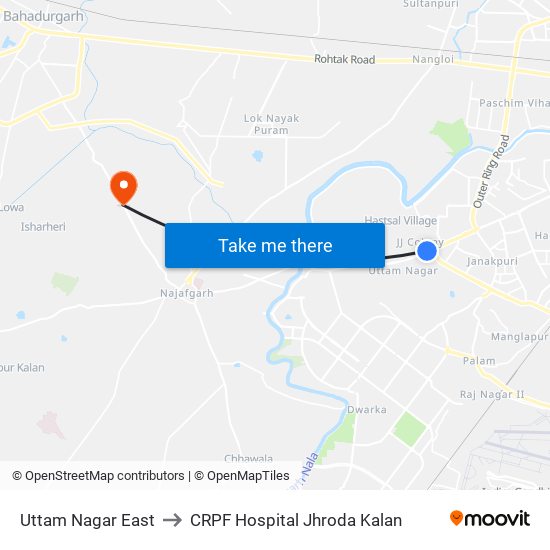 Uttam Nagar East to CRPF Hospital Jhroda Kalan map