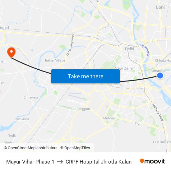 Mayur Vihar Phase-1 to CRPF Hospital Jhroda Kalan map
