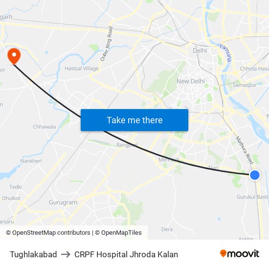 Tughlakabad to CRPF Hospital Jhroda Kalan map