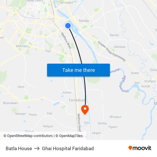 Batla House to Ghai Hospital Faridabad map