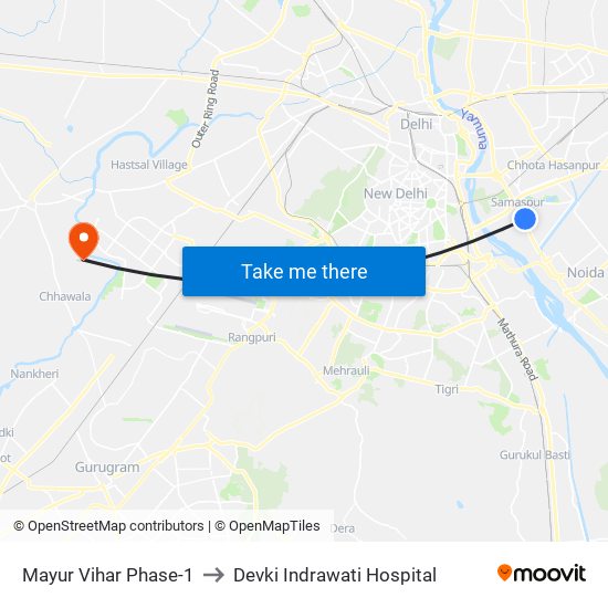 Mayur Vihar Phase-1 to Devki Indrawati Hospital map