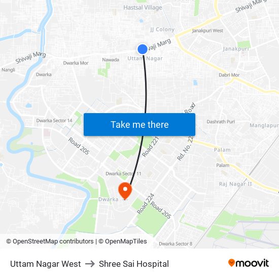Uttam Nagar West to Shree Sai Hospital map