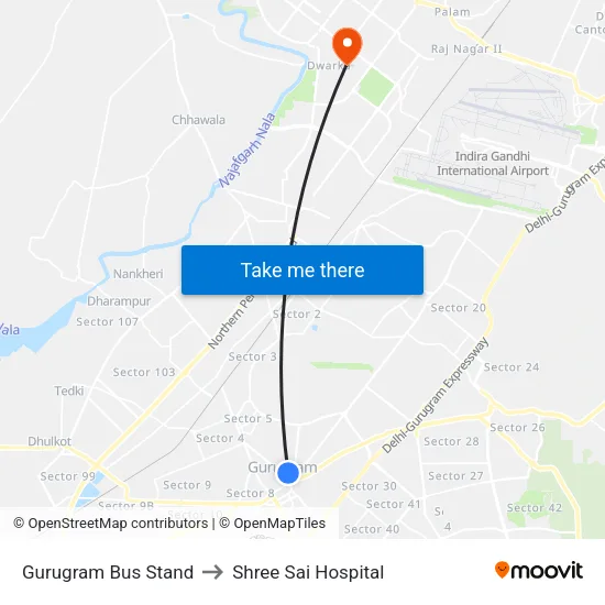 Gurugram Bus Stand to Shree Sai Hospital map