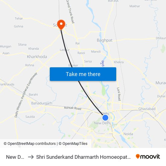 New Delhi to Shri Sunderkand Dharmarth Homoeopathic Hosp map