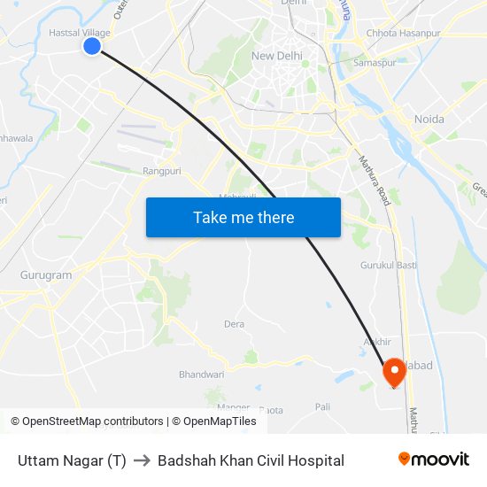 Uttam Nagar (T) to Badshah Khan Civil Hospital map
