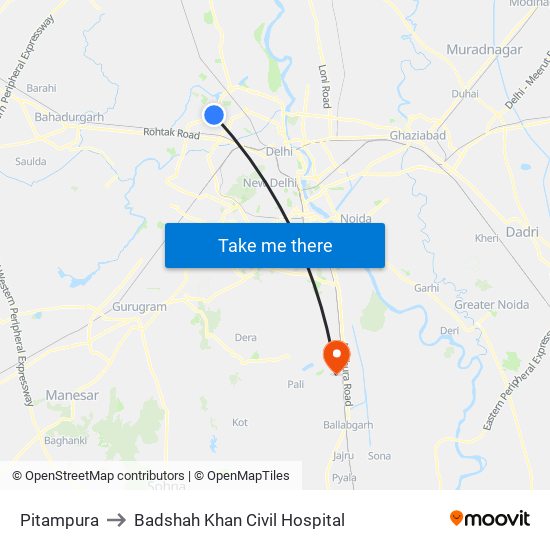 Pitampura to Badshah Khan Civil Hospital map