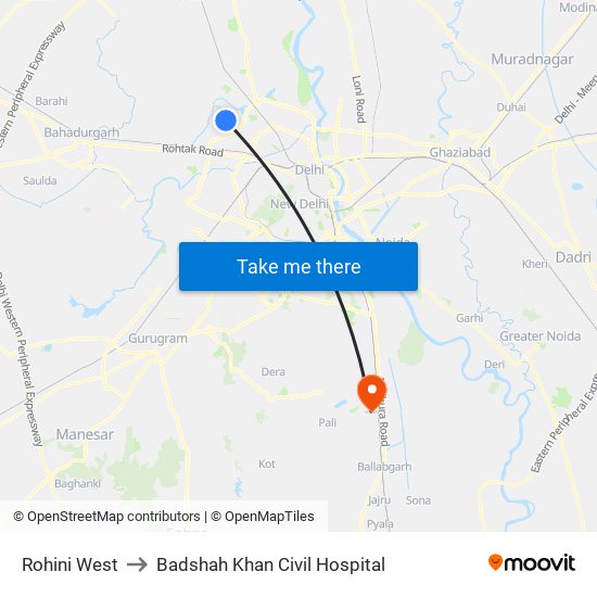 Rohini West to Badshah Khan Civil Hospital map