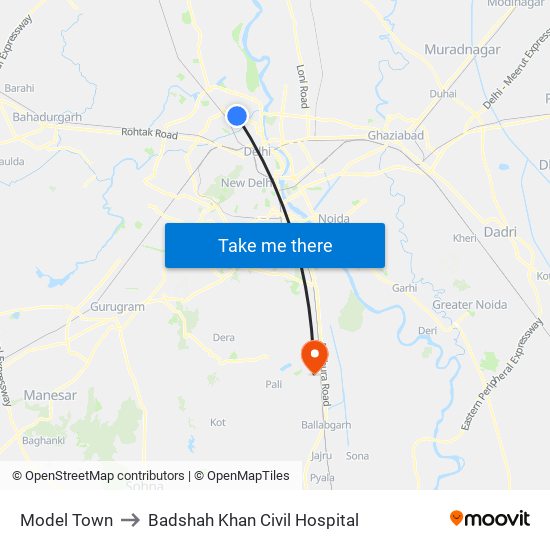 Model Town to Badshah Khan Civil Hospital map