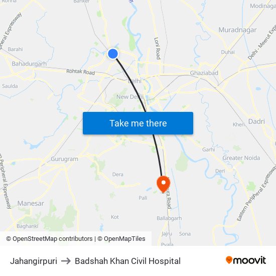 Jahangirpuri to Badshah Khan Civil Hospital map