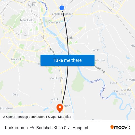 Karkarduma to Badshah Khan Civil Hospital map