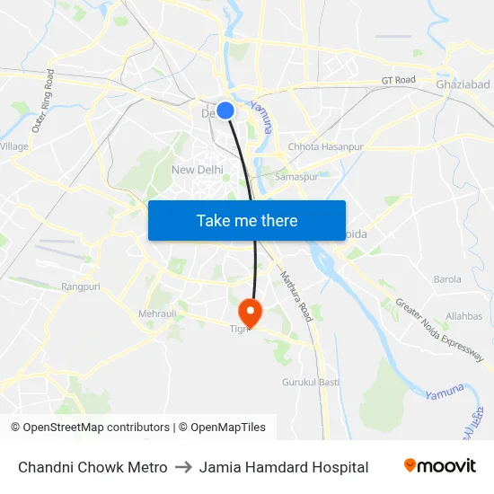 Chandni Chowk Metro to Jamia Hamdard Hospital map
