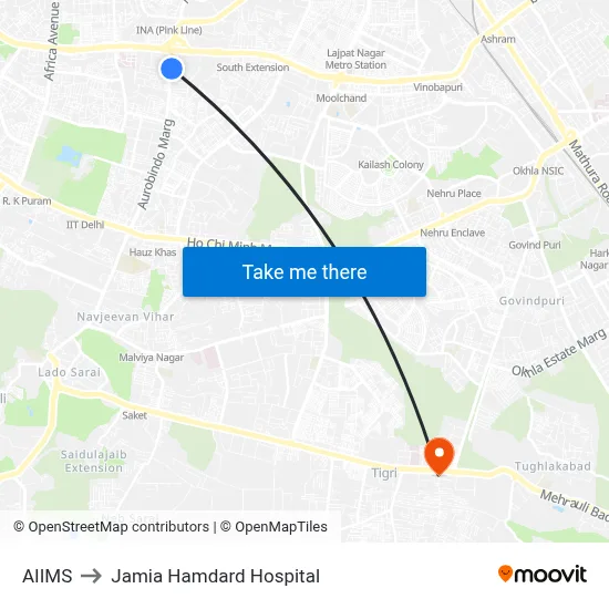 AIIMS to Jamia Hamdard Hospital map