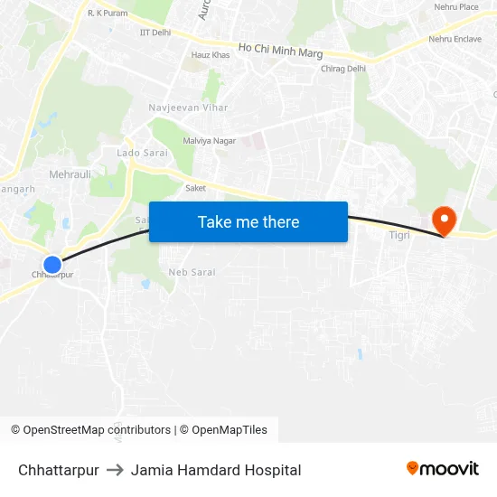 Chhattarpur to Jamia Hamdard Hospital map