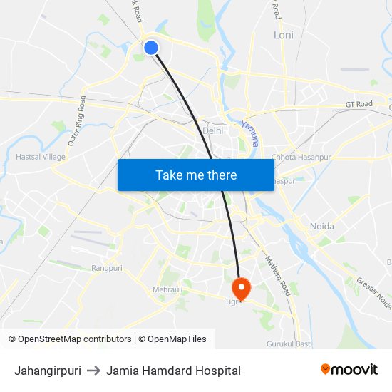 Jahangirpuri to Jamia Hamdard Hospital map