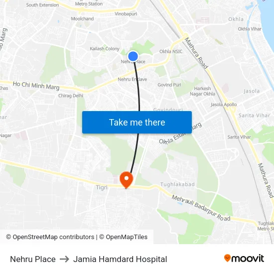Nehru Place to Jamia Hamdard Hospital map