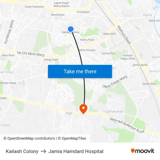 Kailash Colony to Jamia Hamdard Hospital map