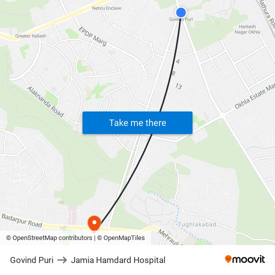 Govind Puri to Jamia Hamdard Hospital map