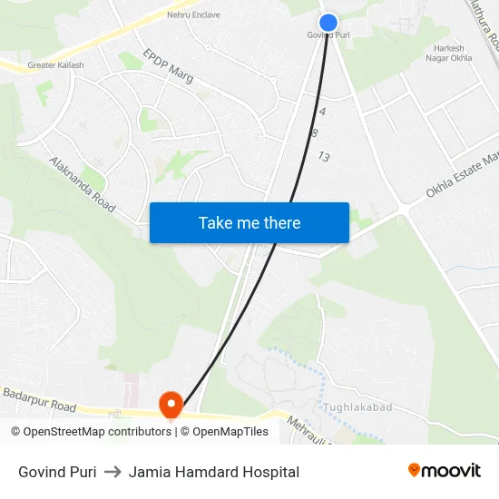 Govind Puri to Jamia Hamdard Hospital map