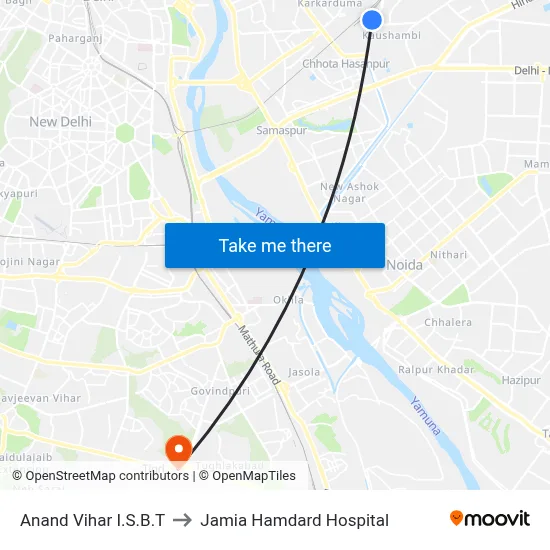 Anand Vihar I.S.B.T to Jamia Hamdard Hospital map