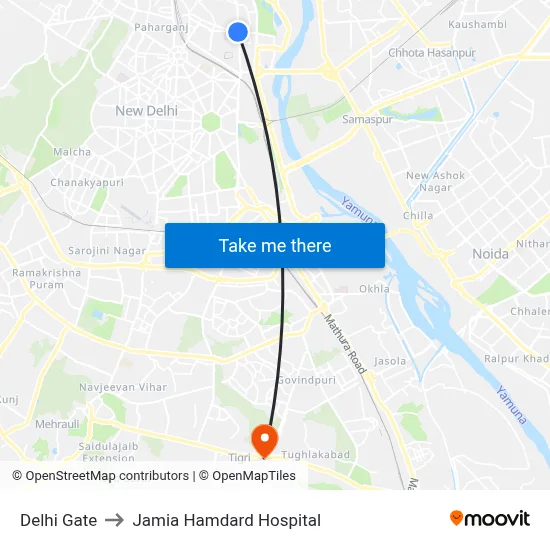 Delhi Gate to Jamia Hamdard Hospital map