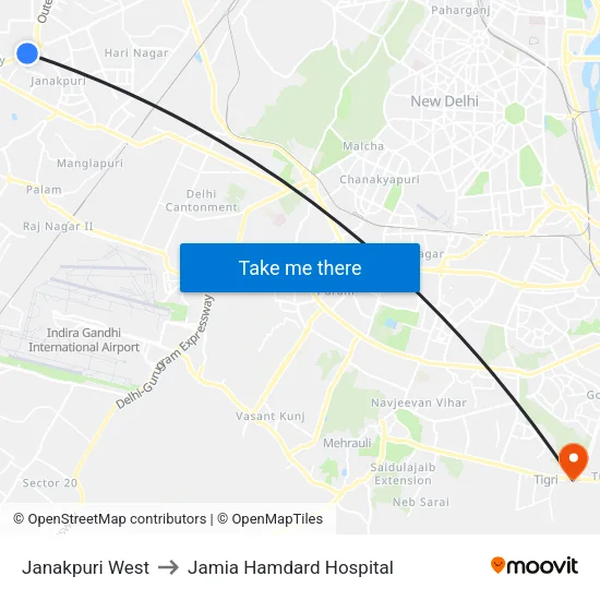 Janakpuri West to Jamia Hamdard Hospital map