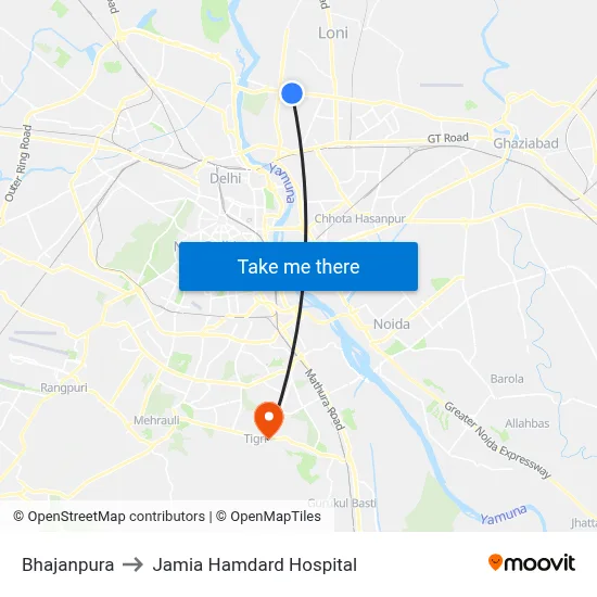 Bhajanpura to Jamia Hamdard Hospital map