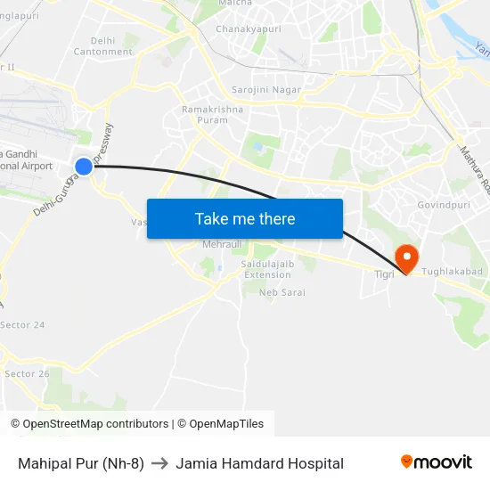Mahipal Pur (Nh-8) to Jamia Hamdard Hospital map
