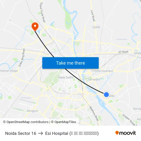 Noida Sector 16 to Esi Hospital (ई एस आइ अस्पताल) map