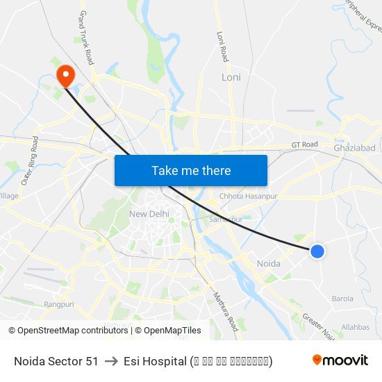 Noida Sector 51 to Esi Hospital (ई एस आइ अस्पताल) map