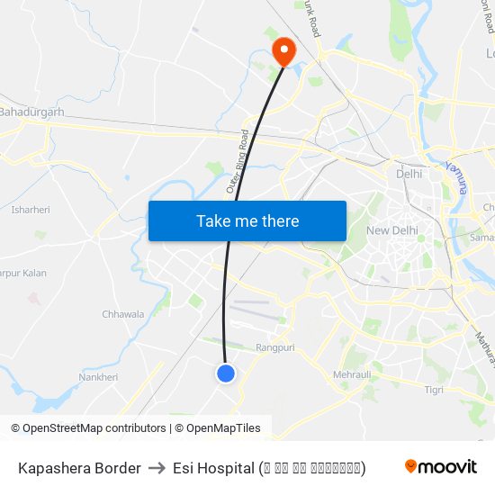 Kapashera Border to Esi Hospital (ई एस आइ अस्पताल) map