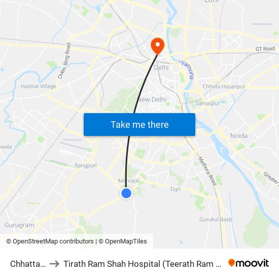 Chhattarpur to Tirath Ram Shah Hospital (Teerath Ram Shah Aspatal) map