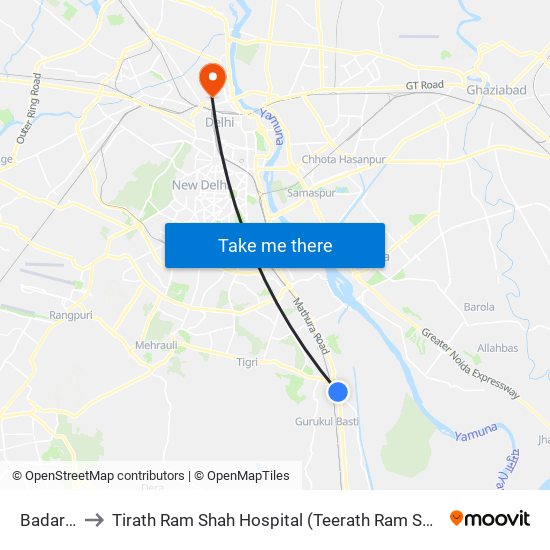 Badarpur to Tirath Ram Shah Hospital (Teerath Ram Shah Aspatal) map