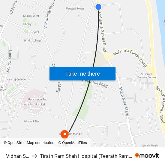 Vidhan Sabha to Tirath Ram Shah Hospital (Teerath Ram Shah Aspatal) map