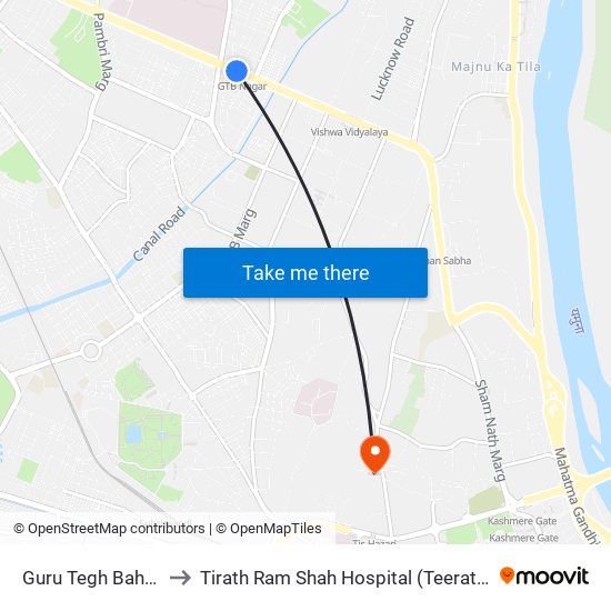 Guru Tegh Bahadur Nagar to Tirath Ram Shah Hospital (Teerath Ram Shah Aspatal) map