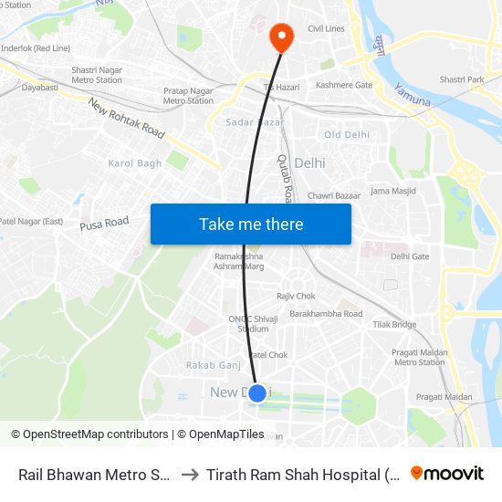 Rail Bhawan Metro Station / Krishi Bhawan to Tirath Ram Shah Hospital (Teerath Ram Shah Aspatal) map