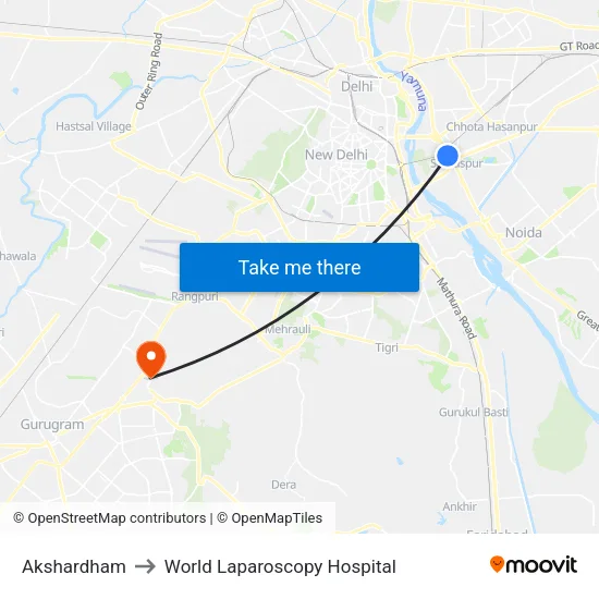 Akshardham to World Laparoscopy Hospital map