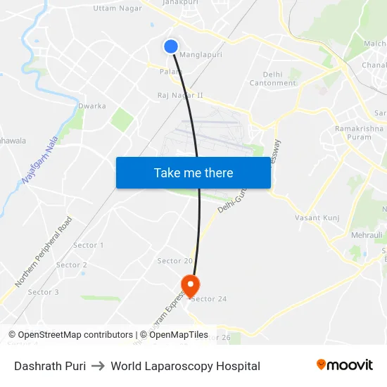 Dashrath Puri to World Laparoscopy Hospital map