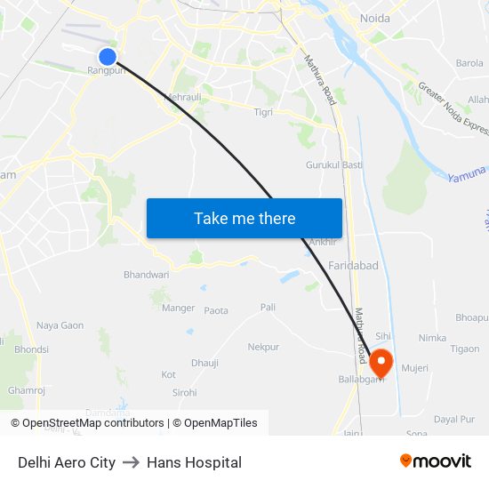 Delhi Aero City to Hans Hospital map