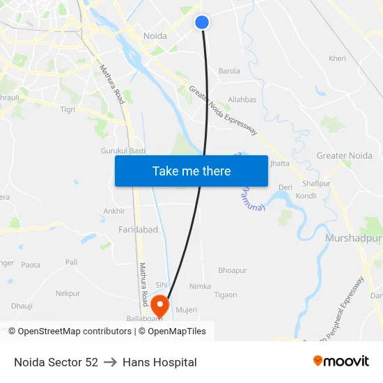 Noida Sector 52 to Hans Hospital map