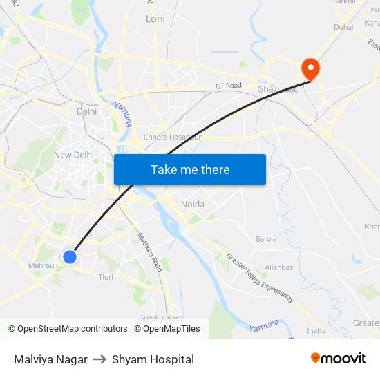 Malviya Nagar to Shyam Hospital map