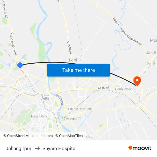 Jahangirpuri to Shyam Hospital map