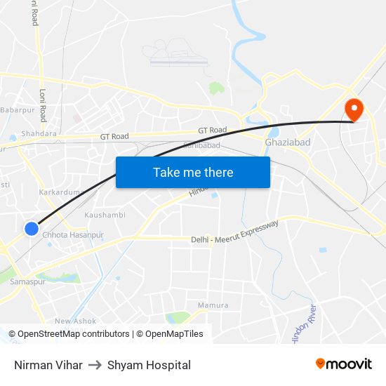 Nirman Vihar to Shyam Hospital map