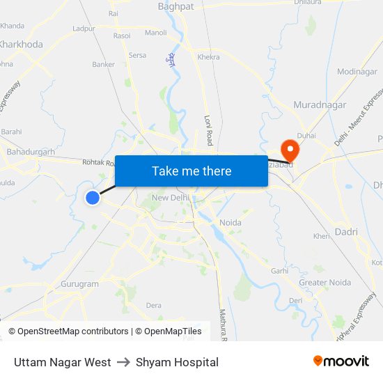 Uttam Nagar West to Shyam Hospital map