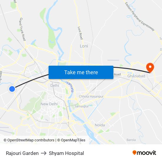 Rajouri Garden to Shyam Hospital map