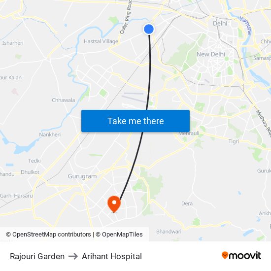 Rajouri Garden to Arihant Hospital map