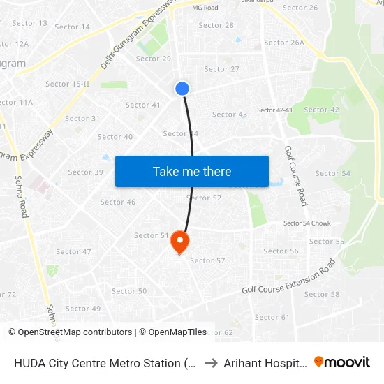 HUDA City Center Metro Station (B) to Arihant Hospital map