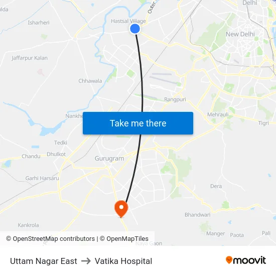 Uttam Nagar East to Vatika Hospital map