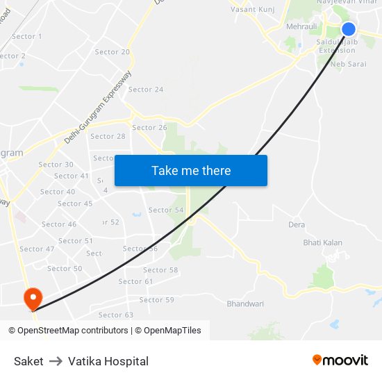 Saket to Vatika Hospital map