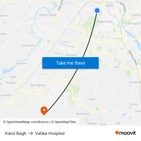 Karol Bagh to Vatika Hospital map