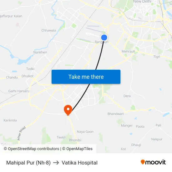 Mahipal Pur (Nh-8) to Vatika Hospital map